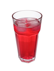 Glass of red soda water with ice cubes isolated on white