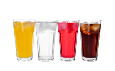Glasses of different refreshing soda water with ice cubes isolated on white