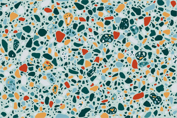 Terrazzo flooring vector seamless pattern in cool colors. Texture of classic italian floor type in venetian style, composed of natural stone, granite, quartz, marble, glass and concrete