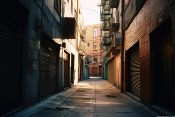 Fototapeta na wymiar AI generated illustration of a narrow alley street between buildings on a sunny day