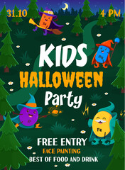 Kids Halloween party. Cartoon mineral and micronutrient wizards. Vector invitation poster or flyer template with funny Se, Mg, P and Fe food supplement capsules in night forest. Amusement for children - obrazy, fototapety, plakaty