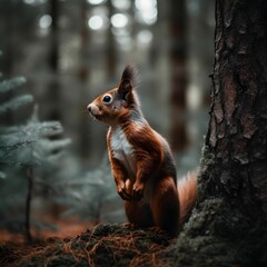 Naklejka na ściany i meble AI generated illustration of a cute red squirrel on its hind legs in the woods