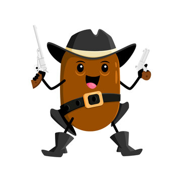 Cartoon kiwi fruit cowboy, sheriff, ranger and bandit character holding two guns, dressed in western attire with a confident stance. Quirky western tropical fruit personage for kids menu, book or game