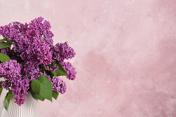 Beautiful lilac flowers in vase on light background, space for text