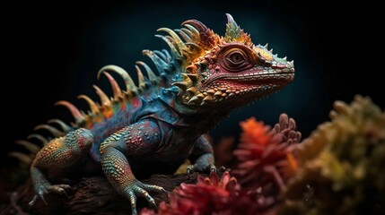 AI generated illustration of a mythical creature with a reptilian dragon look on a dark background