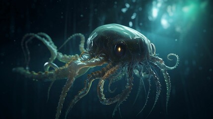 AI generated illustration of an underwater view of a fictional octopus swimming in a dark water