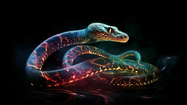 A fictional illuminated snake on a dark blurred background