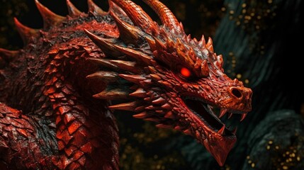 Naklejka na ściany i meble AI generated illustration of a fearsome crimson dragon with piercing eyes, menacing sharpened teeth