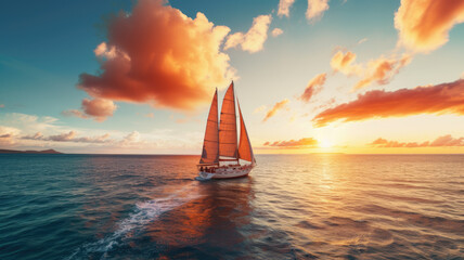 sailboat on sea at sunset. adventure - obrazy, fototapety, plakaty