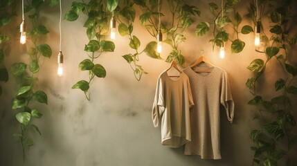AI generated illustration of a wall showing various t-shirts and leaves hung in a decorative fashion
