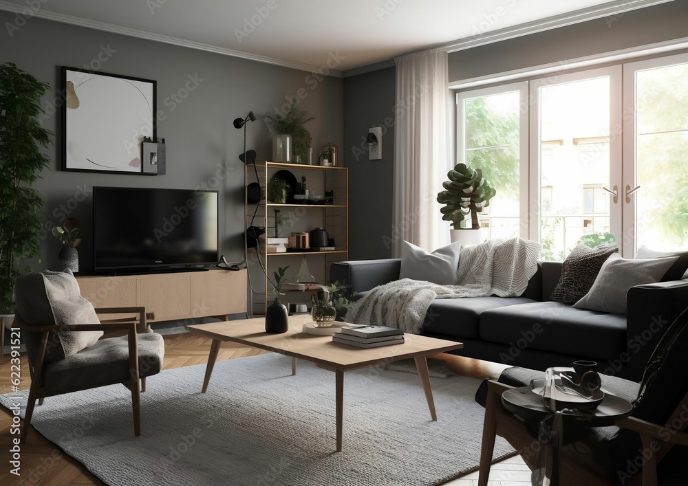 Poster AI generated illustration of a modern and cozy living room interior