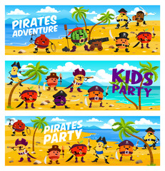 Cartoon fruit pirates and corsairs characters on treasure island. Vector horizontal banners with garnet, watermelon, orange and mango, kiwi, apple or banana. Plum, quince and peach funny picaroons