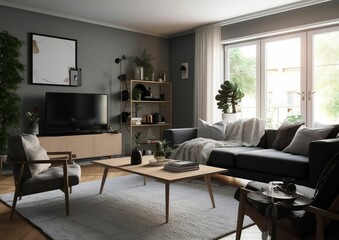 AI generated illustration of a modern and cozy living room interior