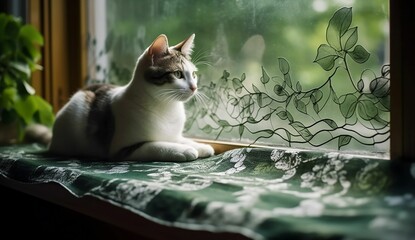 Cute tabby cat resting on a cozy blanket near a sunlit window, AI-generated.