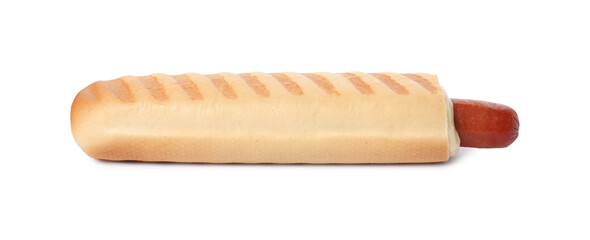 Tasty french hot dog with sauce isolated on white