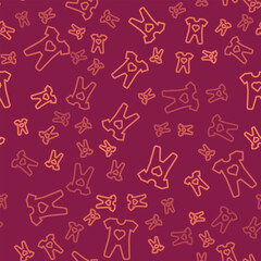 Brown line Baby clothes icon isolated seamless pattern on red background. Baby clothing for baby girl and boy. Baby bodysuit. Vector