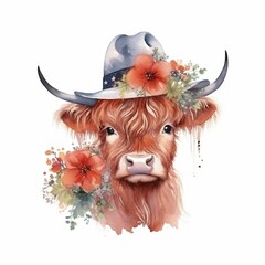 AI generated cow wit cowboy hat and flowers on white background