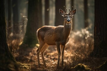 Naklejka na ściany i meble AI generated illustration of a beautiful whitetail deer in a forest on a sunny day