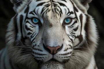 AI generated illustration of a white tiger's face featuring its piercing blue eyes