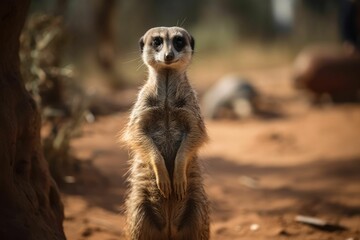 Fototapeta premium AI generated illustration of a cute meerkat in a field under the sunlight with a blurry background