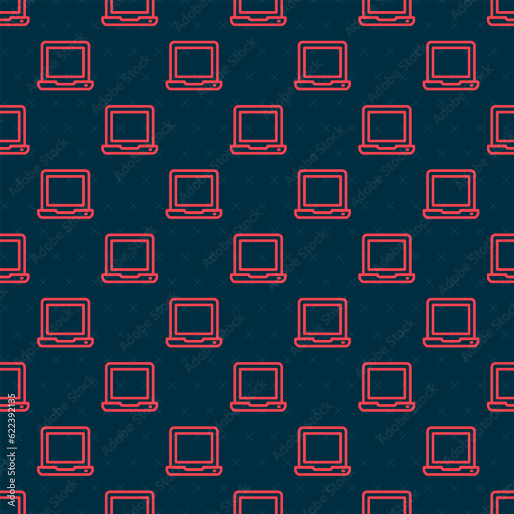 Poster red line laptop icon isolated seamless pattern on black background. computer notebook with empty scr