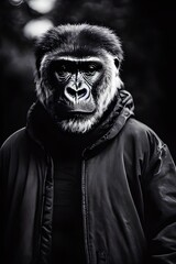 AI generated illustration of a portrait of a gorilla in a jacket