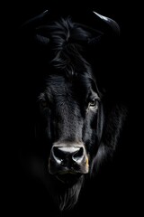 AI generated illustration of a black cow with large horns on a dark background