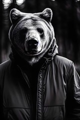 AI generated illustration of a brown bear wearing a hoodie and jacket