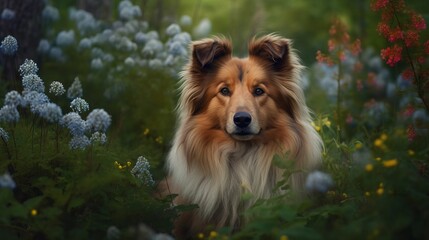 AI generated illustration of a painting of a dog  sitting in a field of lush, blooming flowers