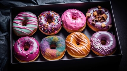 AI-generated illustration of a colorful array of doughnuts arranged in a box.