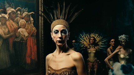 AI generated illustration of female performer in theater with serious expression looking at camera