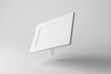 White photo frame floating in mid air on white background in monochrome and minimalism. Illustration of the concept of precious moment and holiday memory
