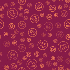 Brown line Earth element of the symbol alchemy icon isolated seamless pattern on red background. Basic mystic elements. Vector