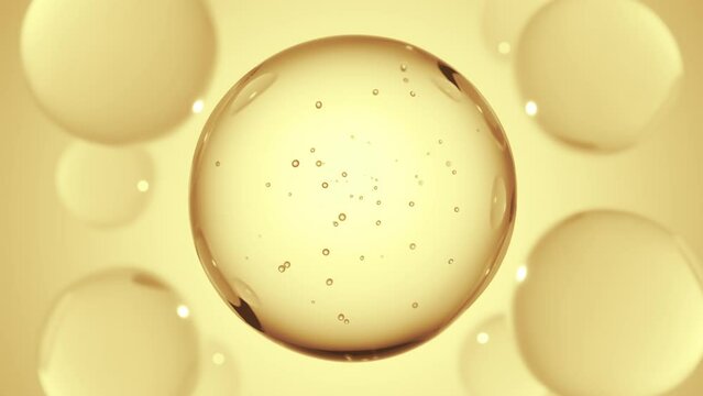 Cosmetics golden serum liquid bubbles abstract background. Cosmetic moisturizer essence gel. Collagen fluid bubble molecule. Moisturizing cream or oil for personal health care and beauty skin concept