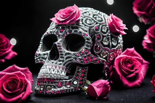 AI generated illustration of a silver human skull decorated with pink roses and diamonds