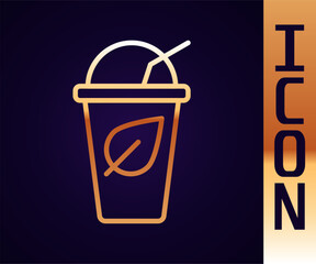 Gold line Cup of tea with leaf icon isolated on black background. Sweet natural food. Vector