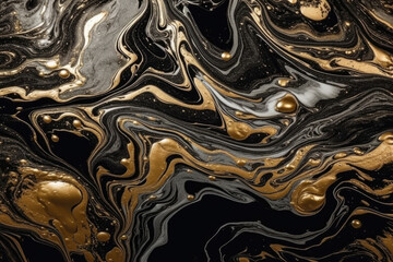Black, Gold and Grey Liquid Marble. Fluid Black and Golden Marble Background Texture with Gold Viens. Luxury Modern Backdrop for banner, invitation, greeting card. Generative ai