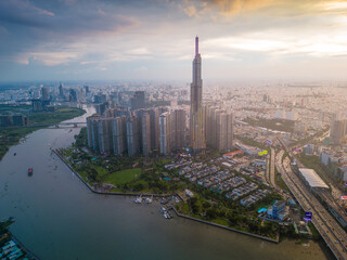 Aerial view of Ho Chi Minh City skyline and Landmark 81 skyscrapers in center of heart business at Ho Chi Minh City downtown