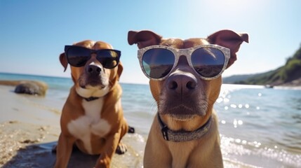 Fototapeta na wymiar AI generated illustration of two playful dogs wearing sunglasses sitting together on a sandy beach