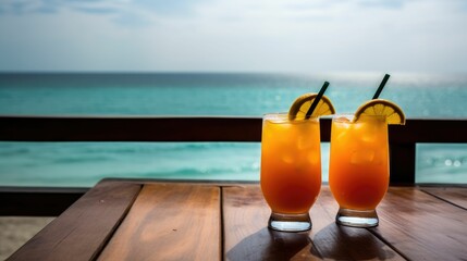 AI generated illustration of two refreshing drinks with ice and slices of lime on the beach