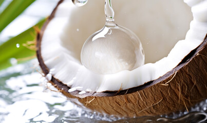 Half coconut on the background of water. White pulp and oil. Skin hydration, nourishing. Generative AI