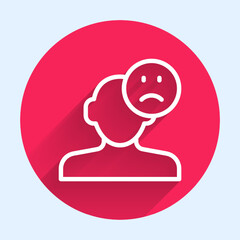 White line Sad and depressed man, bad mood icon isolated with long shadow background. Red circle button. Vector