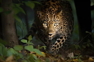 AI generated illustration of A jaguar walking through a lush forest during the night.