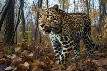 AI generated illustration of A majestic leopard slowly making its way through an autumnal forest,