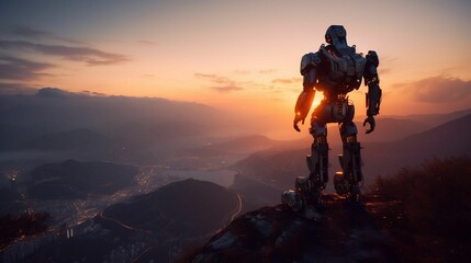 Fototapeta premium AI generated illustration of A robotic figure atop a mountain peak, illuminated by the sun