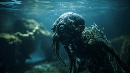 Mysterious underwater creature swimming in a blue aquatic environment. AI-generated.