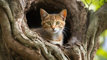 AI generated illustration of a curious orange tabby cat sitting in the hollow of a tree trunk