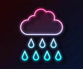 Glowing neon line Cloud with rain icon isolated on black background. Rain cloud precipitation with rain drops. Vector
