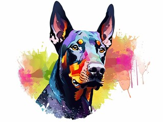 AI generated illustration of a colorful Doberman in various colors on a white background