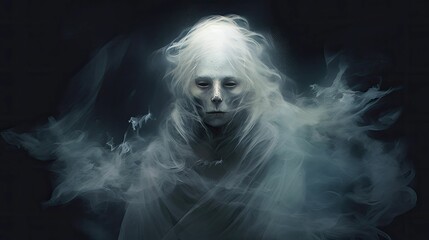 AI generated illustration of a spooky spirit with smoky mist emanating from her body - obrazy, fototapety, plakaty